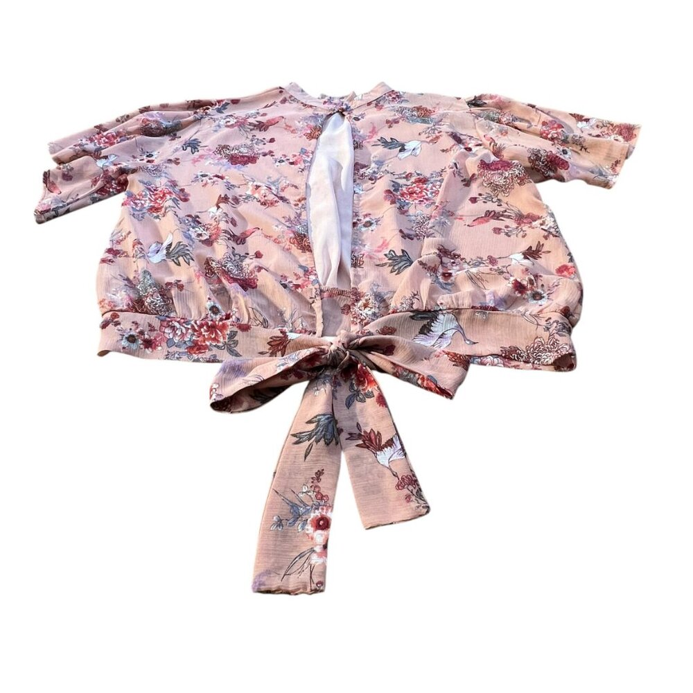 Gimmicks by BKE Buckle Ruffle Open Tie Back Boho Floral Top - Large - Picture 9 of 16